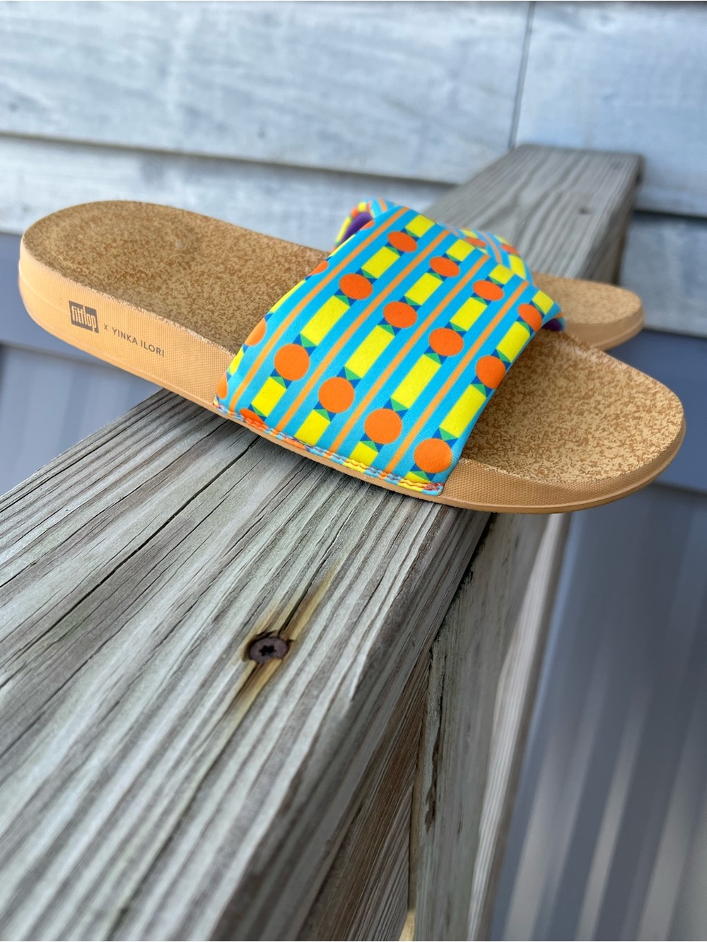 Fit Flop Iqushion Slide Sandals  Yinka Ilori Blue/Yellow Women's US 8